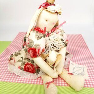 MAMA BUNNY & BABY, CABBAGE ROSE PRINT DRESS BATTENBURG LACE 12" VINTAGE NWT